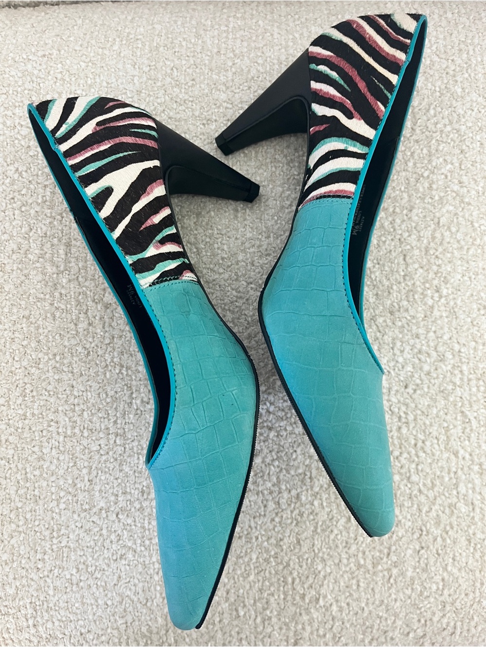 LC Laura Goldstien Linda Zebra Calf Hair & Teal Croc Pointed Toe Heels 9M 👠